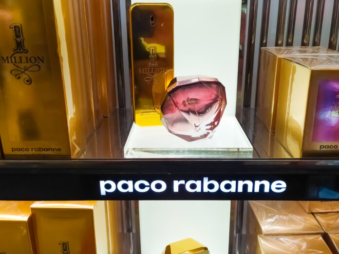 Shop display of different types of perfume from Paco Rabanne in Turkey