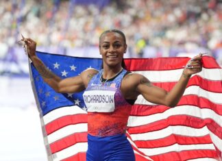 Epic Nail Art Looks Are Taking the Paris Olympics By Storm Shacarri Richardson of USA celebrates winning silver in the Women's 100m Final Paris 2024 Olympic Games in August 2024