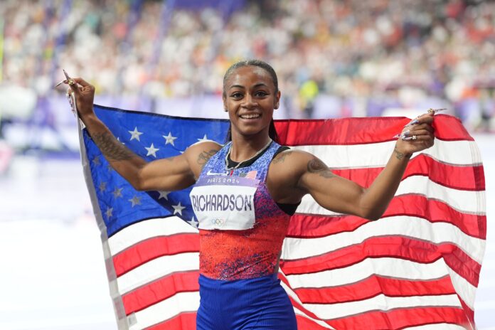 Shacarri Richardson of USA celebrates winning silver in the Women's 100m Final Paris 2024 Olympic Games in August 2024